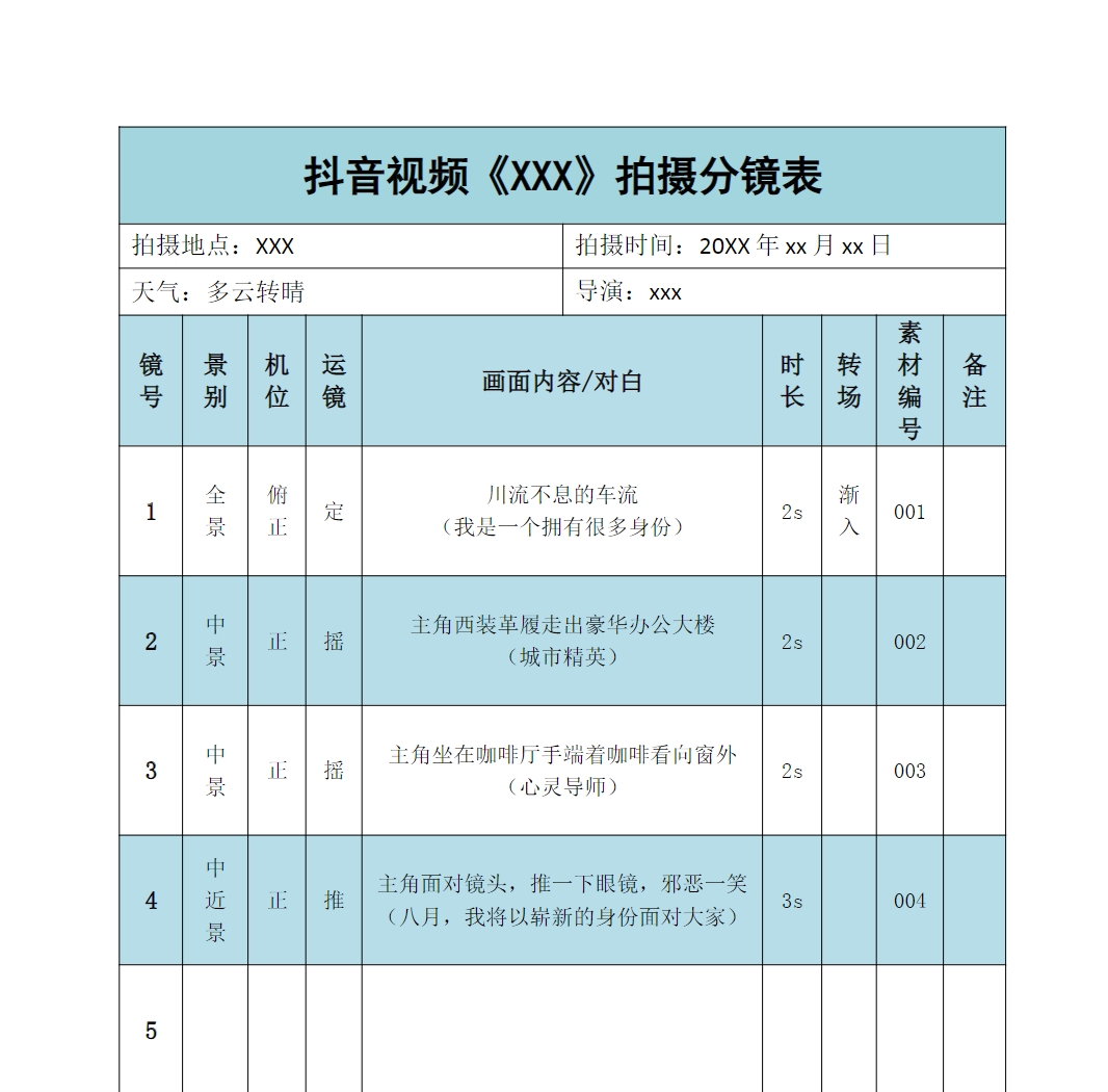 短视频拍摄脚本分镜头表模板抖音计划表剧本拉片宣传片策划表格