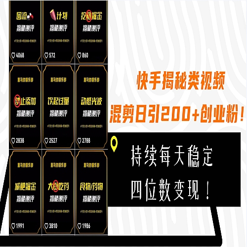 快手揭秘类视频混剪日引200+创业粉！持续每天四位数变现！下载