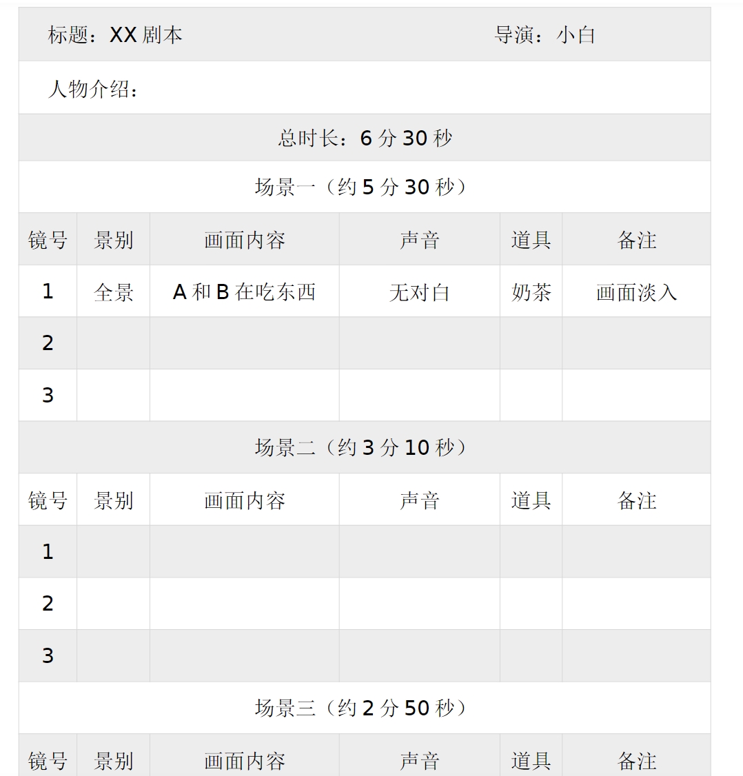 短视频拍摄脚本分镜头表模板抖音计划表剧本拉片宣传片策划表格