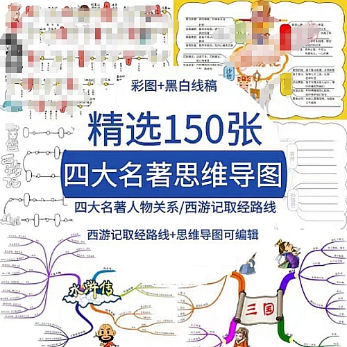 四大名著思维导图手抄报西游记三国演义水浒传红楼梦电子版线稿a4下载