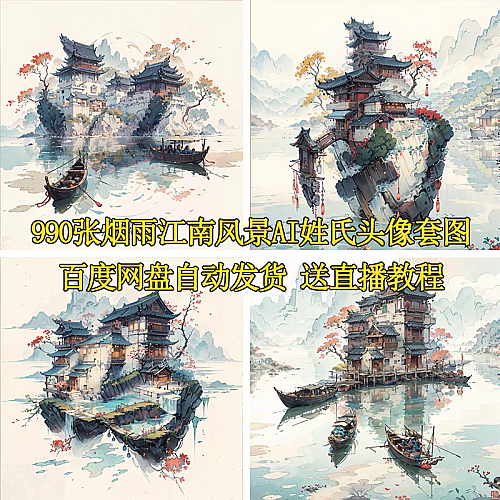 热门直播AI姓氏文字头像990张抖音同款烟雨江南风景AI头像套图下载
